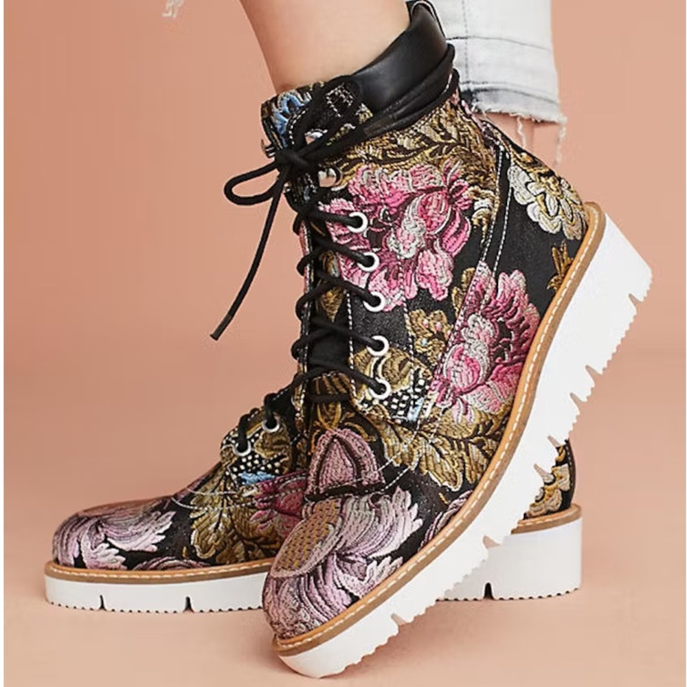 Shellys London Erin Brocade Black and Pink Lace Up Boots with Floral Design